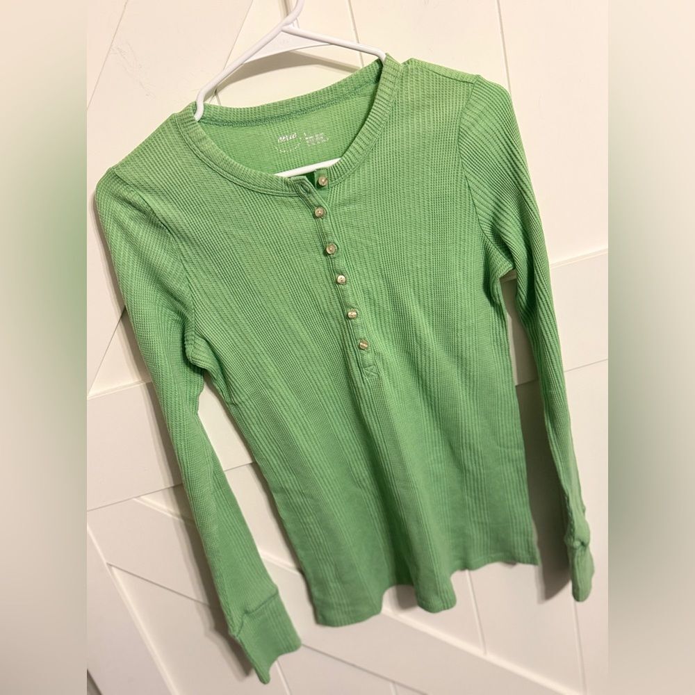 New Aerie Green Women's Small Button-Up Ribbed Textured Top Long Sleeve